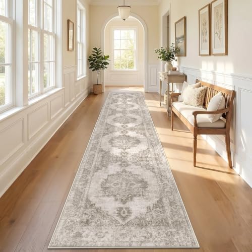 Runner Rug 2x12 Washable Rugs: Vintage Hallway Kitchen Runner Non Slip Low Pile Rug Runner Soft Stain Resistant Indoor Carpet Runners for Entryway Hall Bedroom Bedside (Taupe, 2'x12') - color: Taupe, size: 2' x 12' (Rectangular)