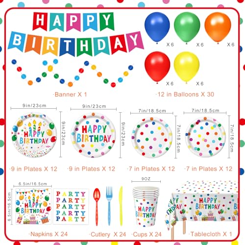 Happy Birthday Decorations - Colorful Dots Birthday Party Supplies Includes Plates, Napkins, Cups, Cutlery, Banner, Hanging Swirl, Tablecloth, Balloons for Birthday Decorations, Serves 24