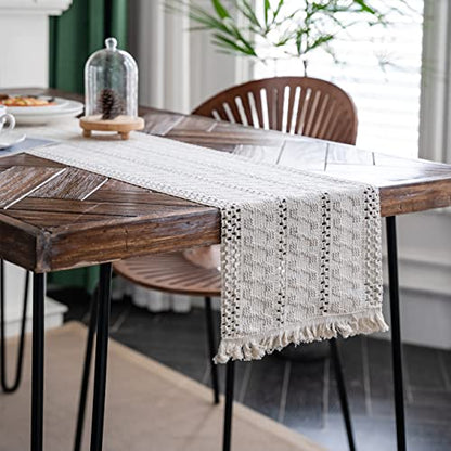Macrame Table Runner Cream Beige Boho Table Runners with Tassels 12x71in - size: 12"Wx71"L