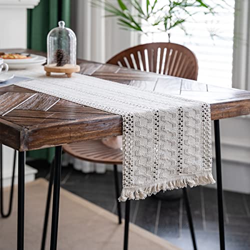 Macrame Table Runner Cream Beige Boho Table Runners with Tassels 12x95in - size: 12"Wx95"L