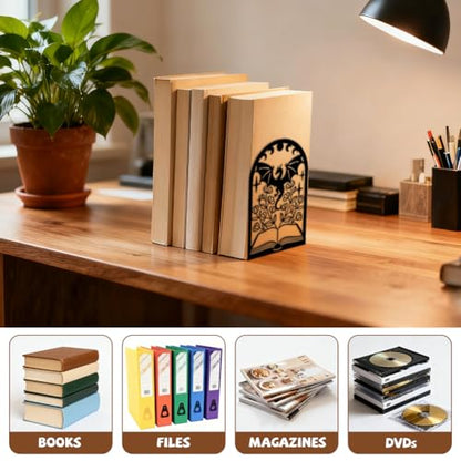 Peacoblue 4.7"x3.5"x7.1" Metal Bookends, Heavy Duty Book Ends for Shelves - style: Book Flower and Dragon