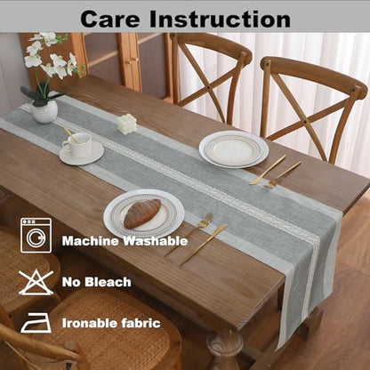 Gernaice Boho Table Runner, Rustic Cotton Linen Farmhouse Table Runners for Dresser End Coffee Table Home Decor, 24" L X 13" W Grey - size: 13" X 24", style: Grey Striped
