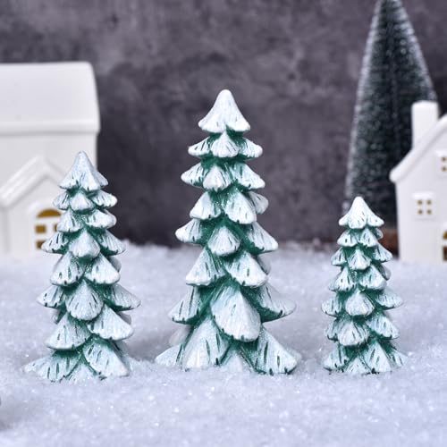 Resin Christmas Tree Figurines, 3pcs Snow-Dusted Tabletop Christmas Trees for Winter Decor, Rustic Christmas Table Decor, Holiday Table Centerpieces for Home, Shelf, Mantel (white-green)