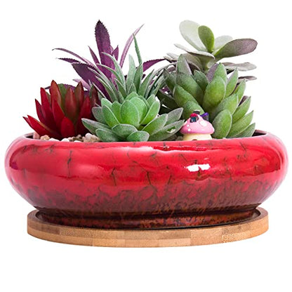 Succulent Pots with Drainage, 7.3 Inch Ceramic Bonsai Pots for Plants - color: Red
