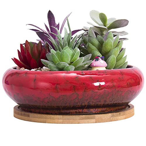 Succulent Pots with Drainage, 7.3 Inch Ceramic Bonsai Pots for Plants - color: Red