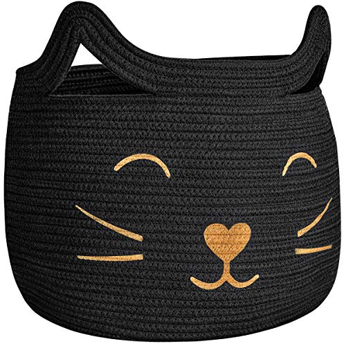 Large Woven Rope Cat Toy Basket with Cat Face Design, Black - color: Black, size: 15.7"W x 11.8"H