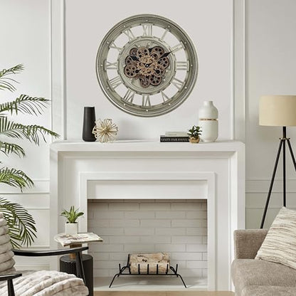 CLXEAST 24" Moving Gear Wall Clock for Living Room, Antique Champagne | Metal Case, Tempered Glass Lens, SIilent Non Ticking, Industrial Farmhouse Wall Clock for Dinning Room & Home Office - color: 24" Antique Champagne