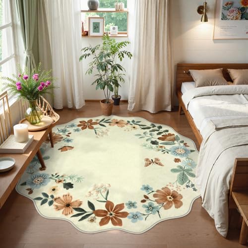 Lahome Floral Washable Round Rugs, Non-Slip Soft Round Rug 4ft Ultra-Thin - color: Beige, size: 4'(Round)