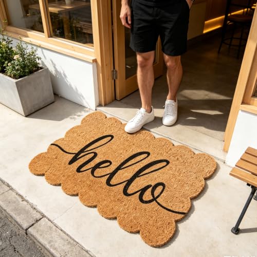 Whaline Scalloped Natural Coir Welcome Doormat, Hello, 16.5 x 29.1 Inch