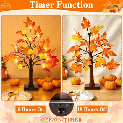 Prelit Fall Maple Tree with Pumpkin Lights Timer 24 Warm White LED 18 Inch - size: 1ft 6in