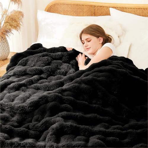 L'AGRATY Faux Rabbit Fur Throw Blanket for Couch, 60'' x 80'', Black - color: Pure Black, size: 60" x 80"