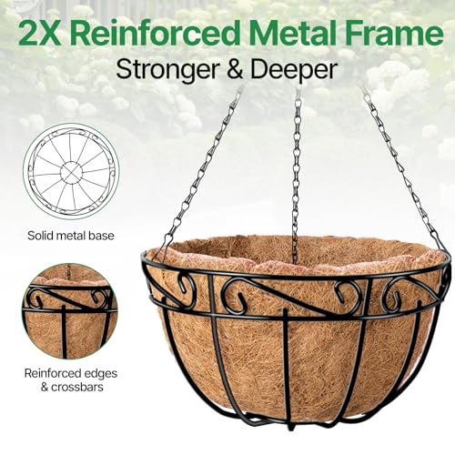 AMAGABELI Garden & Home 4 Pack 15 Inch Plant Hanging Baskets Metal Hanging Planter Flower Pots Outdoor Indoor Wire Hanging Basket for Plants with Coco Fiber Liners Chain for Garden Home Porch Decor