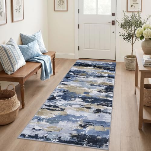 Abstract Washable 3x6 Runner Rug Non Slip Runners for Hallway | Navy Blue Multi;Thin Printed Faux Wool Kitchen Rug Runner;6ft Carpet Runners;Non Skid Runners for Entryway,Bedroom - color: Navy / Blue / Taupe, size: 3' x 6' (Runner)