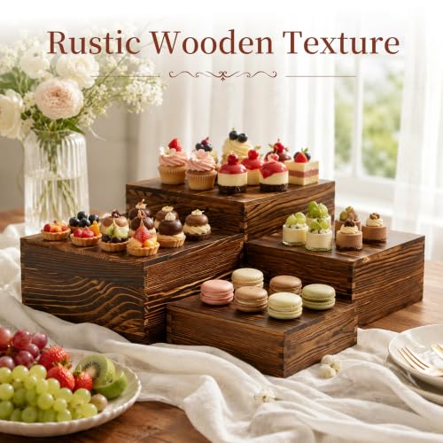 4 Pack Wooden Buffet Risers Cupcake Stand Buffet Display with Mini Signs - color: Brown, size: 4 Pcs
