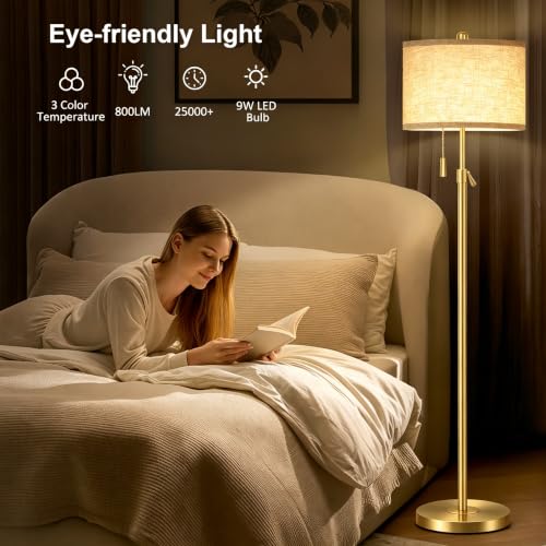 Modern Gold Floor Lamp for Living Room - Adjustable Height Standing Lamp with Metal Base & Linen Shade, 3-Way Dimmable Tall Floor Light for Bedroom, Reading, Bulb Included - color: Gold-Metal Base