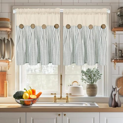 ASPMIZ Farmhouse Kitchen Curtains 24 Inch Length, Green Stripe, 2 Panels - color: Beige&green, size: 26"W x 24"L (Pack of 2)
