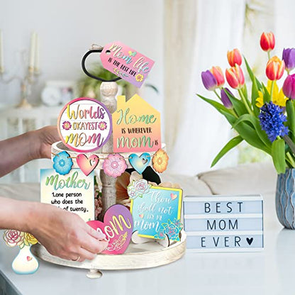12 Pcs Mother's Day Tiered Tray Decor Happy Mother's Day Sweet Decorations Wooden Centerpiece Items Heart Flower Letters Floral Wooden Table Signs for Mother Gift Decorations Party Supplies - style: Mother