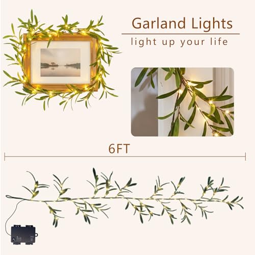 Vanthylit Lighted Artificial Olive Garland, 6FT Faux Greenery Vine Garland