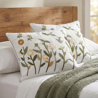 Neutral Daisy Floral Embroidered Pillow Covers 20x20 Set of 2 - color: White Green Camel, size: 20" x 20" (Pack of 2)