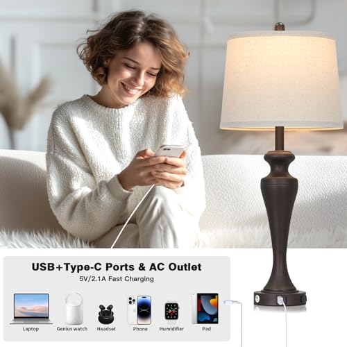 CINSARY 30 Inch Tall Brown Table Lamp Single, Touch Control Living Room Lamp with USB A+C Ports and AC Outlet, 3-Way Dimmable Bedside Lamps for Nightstand, Modern Metal Bedroom Lamps for End Table - color: Brown (1 Pack)