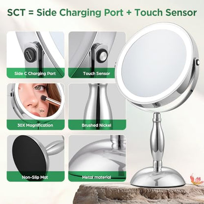30x Magnifying Mirror, Chrome Lighted Makeup Mirror with 3 Colors Modes - color: Chrome
