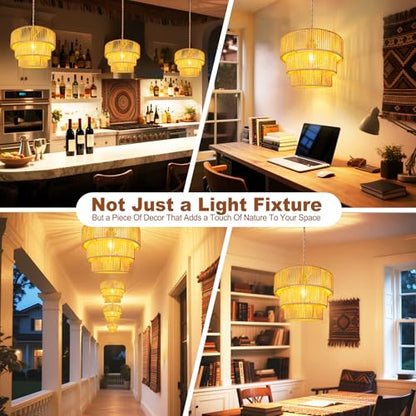 Maliralt Rattan Pendant Light Hanging Lamps - 16.4ft Plug in Cord Hanging Light Fixture Plug Into Wall Outlet Pendant Lighting with On Off Switch for Bedroom Living (3-Tier Rattan Lamp Shade) - size: 12.5 Inch-3-tier Ratan lampshade