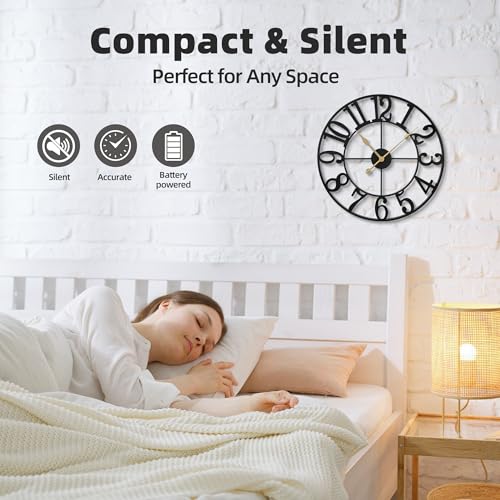 Wall Clock Battery Operated,Silent Non Ticking Modern Rustic Metal Small Clocks for Living Room/Bedroom/Office/Kitchen/Farmhouse Home Decor-14IN(Arabic Number-Black) - size: 14 inch