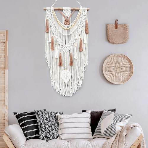 MEIZHIANDME Macrame Wall Hanging, Boho Woven Tapestry Wall Decor, Chic Bohemian Handmade Leaf Feather Wall Art Decorations for Bedroom Living Room Apartment Wedding Party (Leaf & Wood Bead)