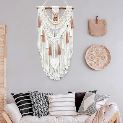 MEIZHIANDME Macrame Wall Hanging, Boho Woven Tapestry Wall Decor, Chic Bohemian Handmade Leaf Feather Wall Art Decorations for Bedroom Living Room Apartment Wedding Party (Leaf & Wood Bead)