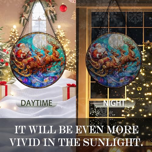 Santa Reindeer Suncatcher Stained Glass Garden Window Hanging, Winter Santa Reindeer Xmas Sun Catchers Indoor Window Glass Round Wall Decor, Christmas Wall Art Hanging Decorations, ＂7.8x7.8＂ - color: Christmas_6