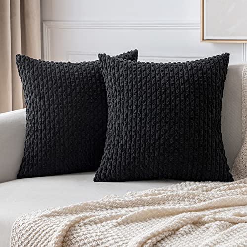 MIULEE Decorative Throw Pillow Covers 16x16 Black Textured Corduroy - color: Black, size: 16" x 16" (Pack of 2)