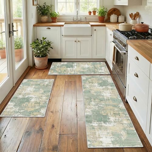 Kitchen Rugs Sets of 3 Non Slip Washable Mats for Floor, Green - color: Green