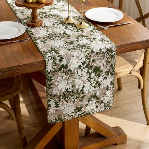 ORTIGIA Vintage Floral Fall Table Runner, Green Brown Chenille，13x48 Inch