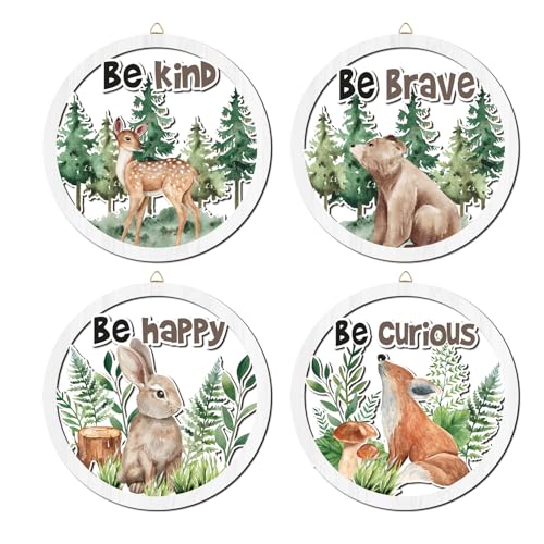 HPNIUB Woodland Nursery Wall Decor, Inspirational Girl Room Hanging Sign, 4 Pieces 10''x10'' Jungle Animals Wooden Decoration for Kids, Cartoon Fox Bear Art Sign for Teens Toddler Boy Baby Playroom - color: Woodland Animals