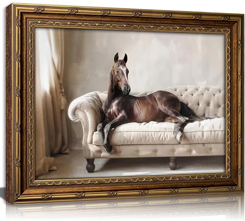 Vintage Gold Framed Horse Wall Art Whimsical Brown Horse On Couch Painting Canvas Casual Funny Animal Picture Wall Decor Western Rustic Farmhouse Print Artwork For Living Room Bedroom Home Decoration - color: Horse, size: 24"L x 16"W