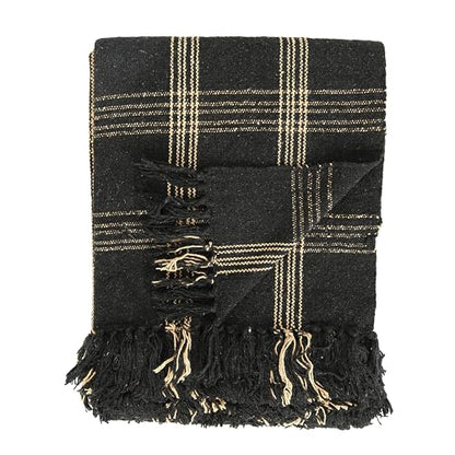 Plaid Black & Tan Fringed Woven Cotton Blend Throw (Pack of 4) - color: Black, size: (Pack of 4)