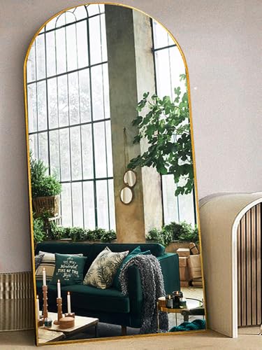 Otlsh Floor Mirror, 81"41" Arched Full Length Mirror With Stand, Standing Full Body Mirror, Large Wall Mirror, Freestanding, Aluminum Frame - Gold - color: Gold, size: 81"L x 41"W