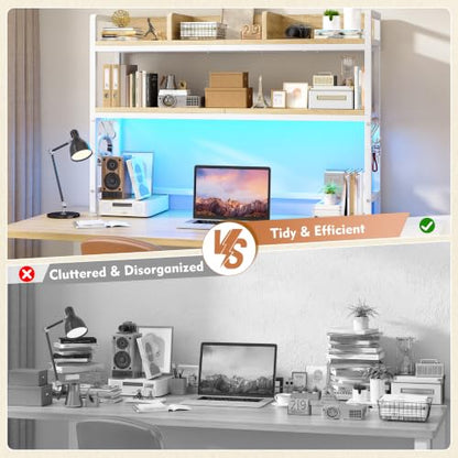 REIBII 2-Tier Desk Shelf, LED, Bedroom and Home Office, White - color: White, size: 7.8"D x 45.2"W x 38.7"H