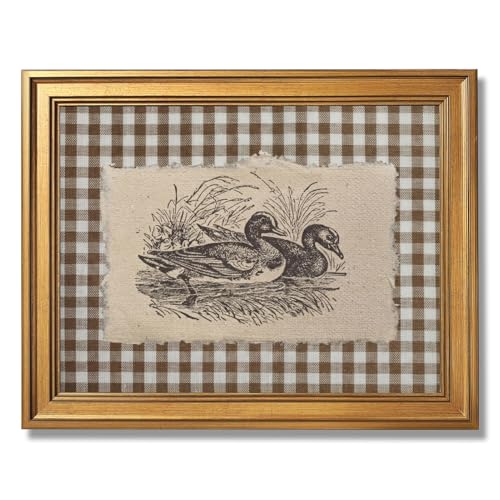 Ripiyome Gold Frame Vintage Duck Wall Art Rustic Farmhouse Brown Gingham Duck Decor Poster Canvas Print Country Cottage Illustration Cottagecore Animal Pictures for Living Room 8X10inch - color: style-1 Golden Frame, size: 8"L x 10"W
