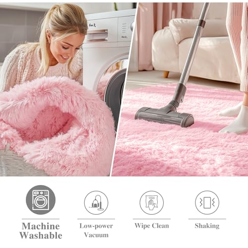 OLANLY Pink Round Rugs for Bedroom - Machine Washable, 2 ft Circle Area Rugs for Living Room, Soft and Fluffy Shaggy Carpet for Teen Girls and Boys, Nursery Rooms, Dorms, Home Decor Aesthetic - color: Pink, size: 2 Ft Round