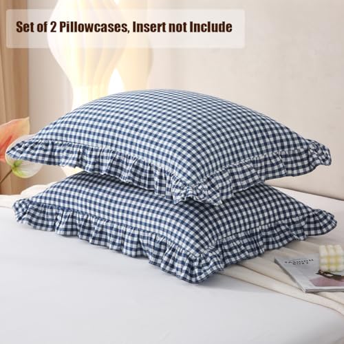 Silnuo Navy Blue/White Gingham Plaid Ruffled Pillow Covers Queen Size - color: Navy Blue Plaid, size: Queen (20" x 30") - Set of 2