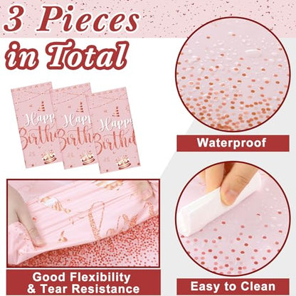 Tudomro 3 Pcs Plastic Happy Birthday Party Tablecloths,Pink Rose Gold - color: Pink Rose Gold