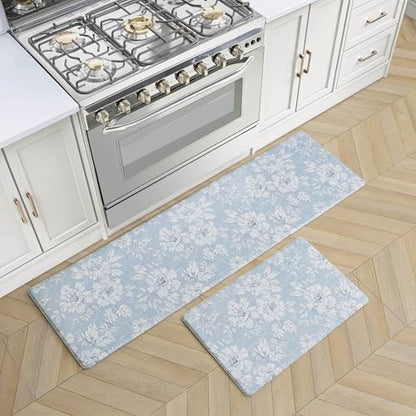 Laura Ashley - Anti-Fatigue Kitchen Mat, Iris Floral Design, Stain, Water & Fade Resistant, Cooking & Standing Relief, Non-Slip Backing, 2 Piece Set: 17.5" x 60" / 17.5" x 28" Light Blue Iris - color: Light Blue / Gray, size: 60"L x 17.5"W / 28"L x 17.5"W