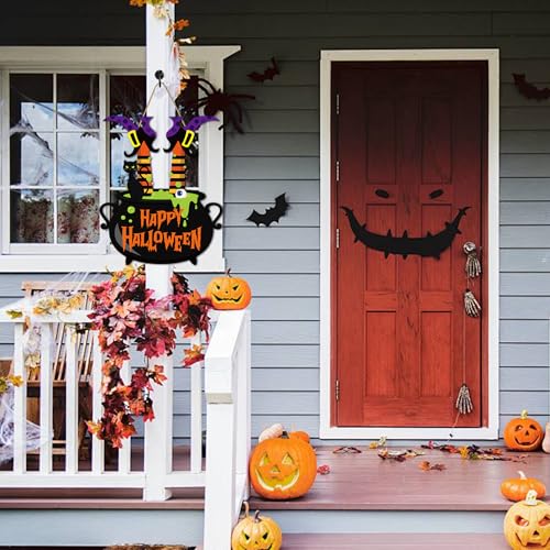 Halloween Witch Door Sign Happy Halloween Wooden Sign Plaque Witch Leg Front Door Hanging Decor Wood Welcome Signs for Home Farmhouse Hanger Porch Wall Decor Witches Party Supplies