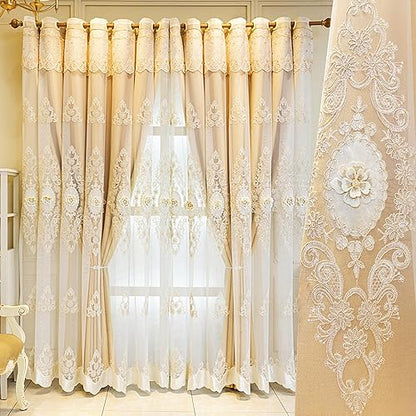 Amidoudou 1 Pair European Double Layer Curtains with Valance for Living Room Bedroom Luxury 3D Flower Embroidered Curtains (Yellow,51x84 Inch) - color: Yellow, size: 51"W x 84"L (Pack of 2)