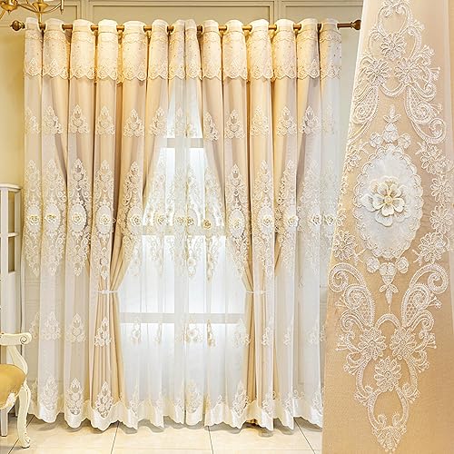 Amidoudou 1 Pair European Double Layer Curtains with Valance for Living Room Bedroom Luxury 3D Flower Embroidered Curtains (Yellow,51x96 Inch) - color: Yellow, size: 51"W x 96"L (Pack of 2)
