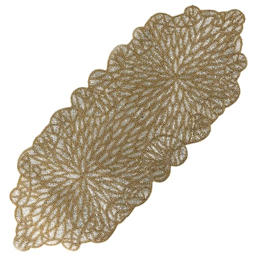 Hand Beaded Table Runner 13 x 36 Inch, Decorative Glass Bead Table Runner with Polyester Back, Elegant Dining Table Centerpiece for Coffee, Console & Buffet Tables, Wedding, Holiday & Home Décor - color: Gold