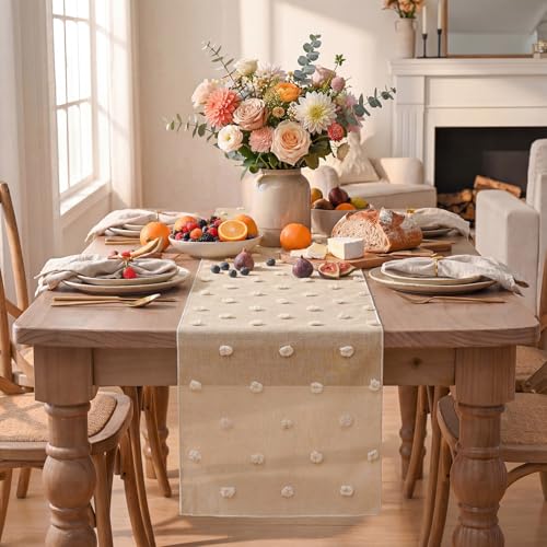 Artoid Mode Champagne Pom Pom Tulle Table Runner, Seasonal Washable Kitchen Dining Table Decoration for Home Party Decor 12x72 Inch - color: Champagne, size: 12" x 72", Table Runner