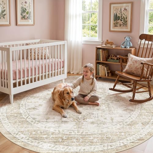 10ft Round Rugs for Living Room: Washable Neutral Beige Area Rug - color: Beige, size: 10' (Round)