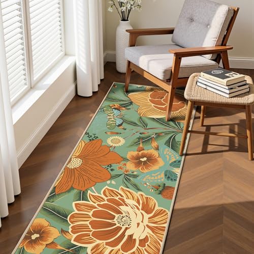 Tyrot Sage Green Boho Floral 2x6 Washable Kitchen & Hallway Runner Rug Ultra-Thin Flat Woven Low Pile Botanical Runner Rug Non-Slip Indoor Butterfly Runner for Entryway, Laundry, Bathroom and Bedroom - color: Sage Bloom, size: 2' x 6' (Runner)